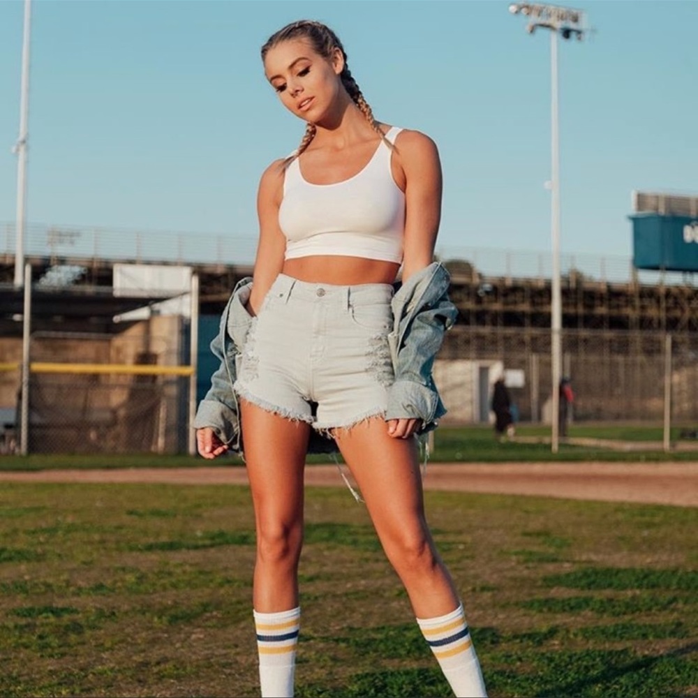 High-Rise Light Wash Denim Shorts - White/Light Blue